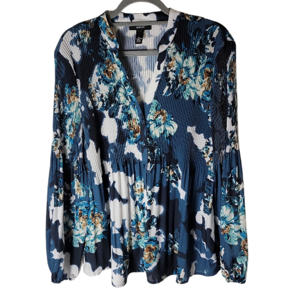 Alfani pleated floral v neck blouse button up long sleeve plus size 16